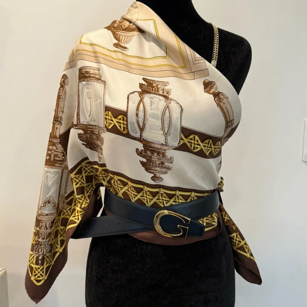 Hermes Paris Silk Scarf with Gold and Brown 34”